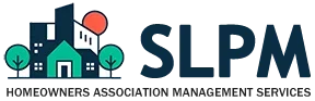 Illustration of buildings and trees next to the bold text "SLPM," perfect for a desktop header plug. The scene features a house with a green roof, a taller structure, and a red circle in the background resembling the sun or moon.