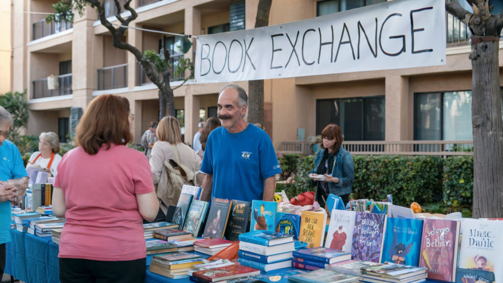 At a community-building event, people gather at an outdoor book exchange. A man in a blue shirt, representing the HOA, chats with a woman behind a book-filled table. Above them hangs a "Book Exchange" banner while attendees explore event ideas among the shelves.