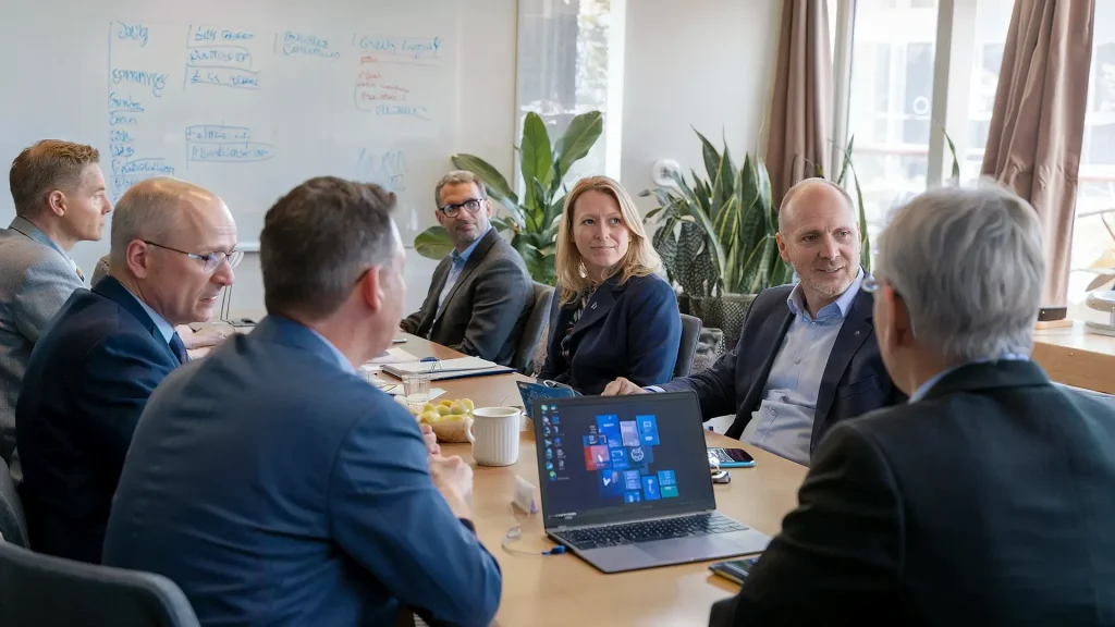 A group of people in business attire is seated around a conference table at an HOA Technologies meeting. A laptop displaying a blue screen is in the foreground, while a whiteboard with notes and potted plants adorns the background, embodying a professional atmosphere focused on digital transformation.