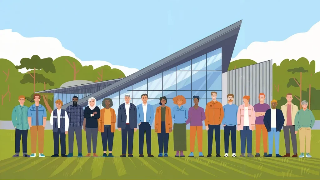Illustration of a diverse group of people standing in front of a modern building with large glass windows and angled roofs, reflecting both community standards and individual property rights. In the background, trees and a cloudy sky complement the mix of casual and formal attire.
