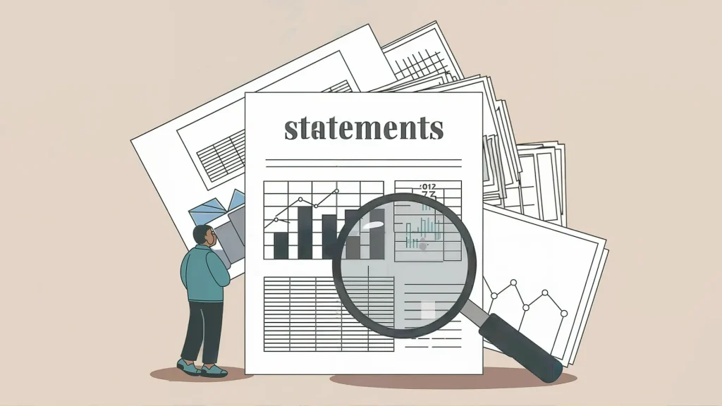 A person examines a stack of financial documents labeled "statements" with graphs and charts. A large magnifying glass highlights details on one page, reflecting the precision needed for digital transformation. The beige background creates a tidy, analytical atmosphere.