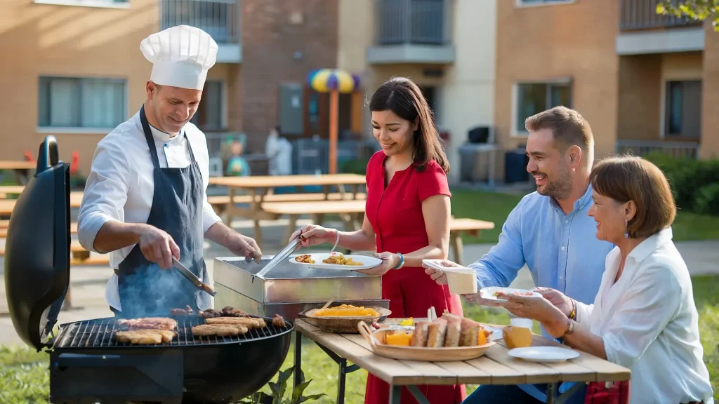 A chef in a white hat expertly grills at a barbecue, embodying the perfect HOA community-building event. Meanwhile, a woman in a red dress and two others help themselves to an array of dishes from a table, all set against the backdrop of grassy lawns and apartment buildings.