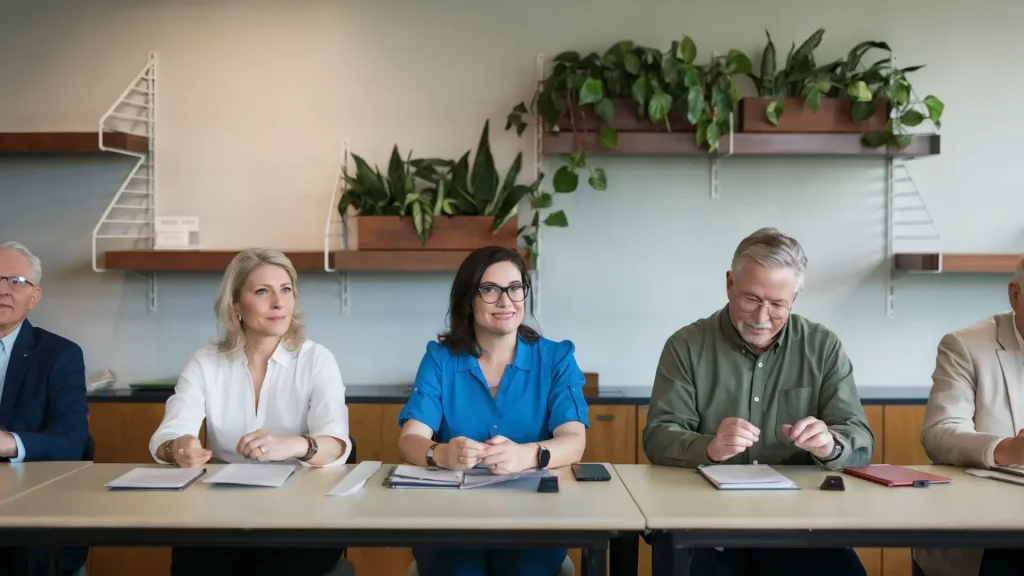 Five people gather around a table in a meeting room. In focus are a woman in a blue shirt and two others in white and green, possibly preparing for an HOA financial statements review. Shelves adorned with potted plants complement the scene, while papers and phones clutter the table.