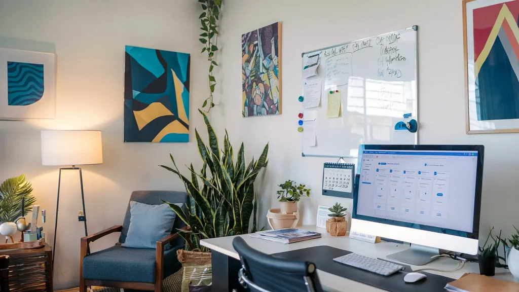 A modern office space featuring a desk facing a large monitor displaying graphs from HOA Technologies. There's a black office chair, a whiteboard with notes, several plants, a floor lamp, and colorful abstract artwork adorning the walls.