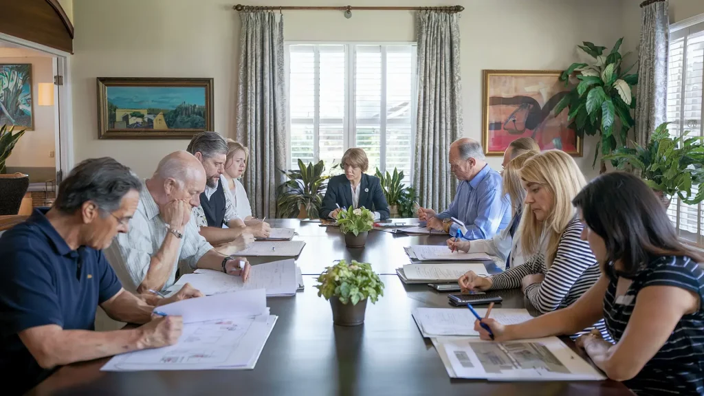 A group of people sits around a long conference table in a well-lit room with large windows. They are engaged in a meeting, discussing community standards while writing on papers and using electronic devices. The room has paintings and a plant on the table.